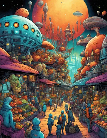 coloring book image of a bustling galactic market with diverse aliens and exotic goods in color