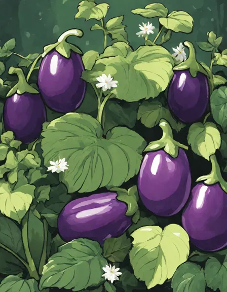 coloring book page of eggplants in a garden with detailed foliage and flowers in color