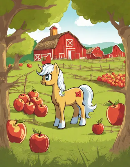 Coloring book image of idyllic applejack's sweet apple acres with lush apple trees, barns, and haystacks, bustling with the love of applejack, big macintosh, and granny smith in color