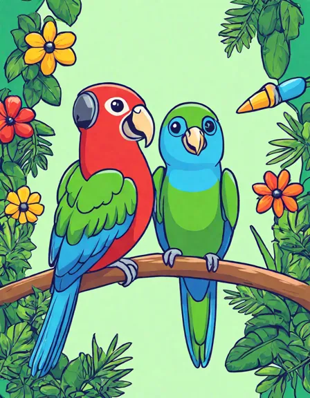 coloring page featuring diverse, vibrant parrots in a lush rainforest setting in color