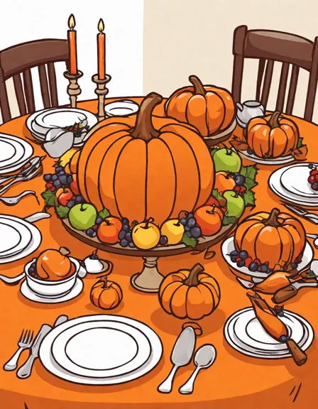 Coloring book image of family preparing thanksgiving table with autumn decorations, pumpkins, fruit, and pies in color