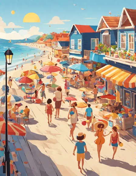 colorful beach vacation coloring book scene with families, shops, and a lively boardwalk in color