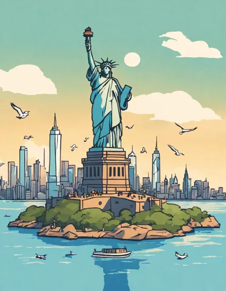 coloring book page of the statue of liberty with seagulls, new york harbor, and manhattan skyline in color