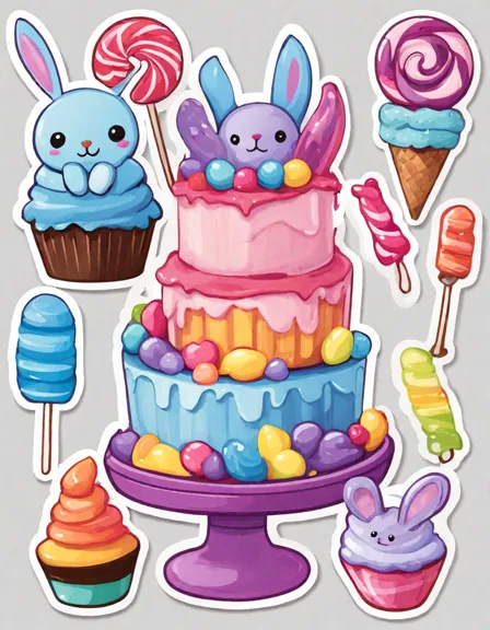 Coloring book image of candy land celebration with confectionery creatures, cupcake houses, and a chocolate fountain in color