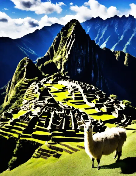 coloring page of machu picchu, the lost city of the incas, surrounded by terraced fields in color