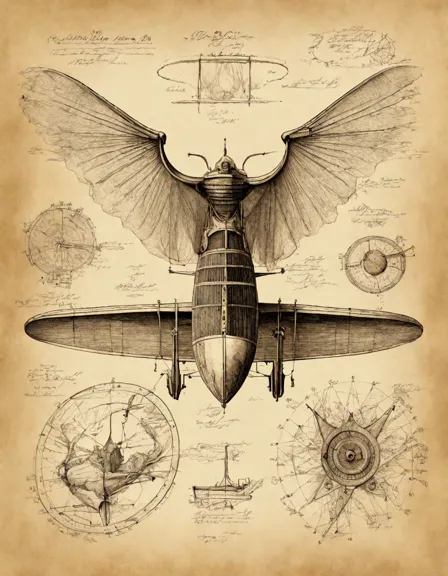 coloring book page featuring leonardo da vinci's anatomical sketches and flying machines in color