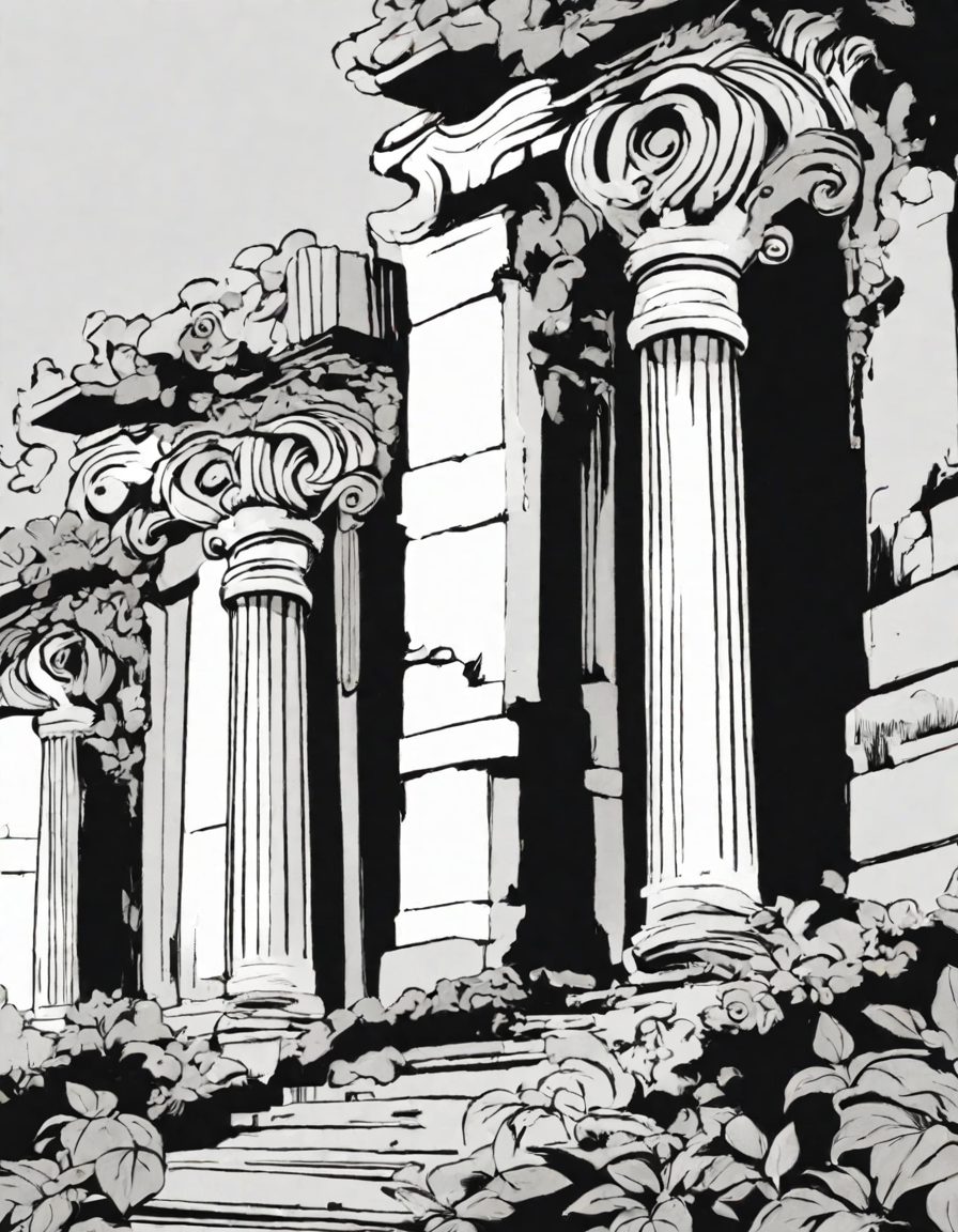detailed coloring page of classic corinthian columns with acanthus leaf design, ideal for history buffs interested in ancient architecture in color