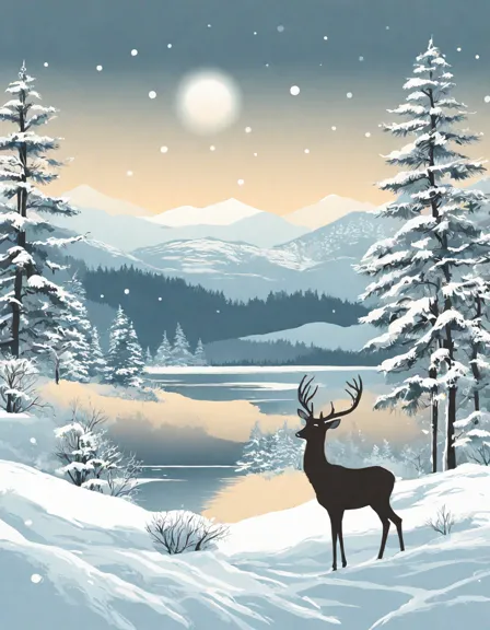 coloring page of a serene winter wonderland with snowflakes, evergreens, cottages, a frozen lake, and a deer in color