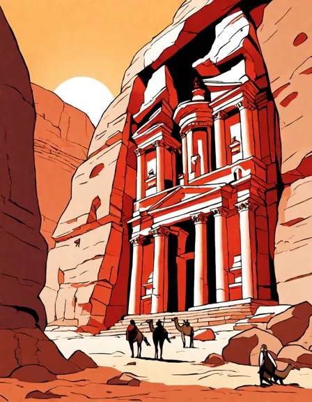 coloring page of petra's al-khazneh with intricate details for artistic coloring in color