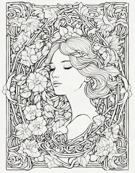Coloring book image of art nouveau garden with intricate latticework, graceful tendrils, delicate leaves, and blooming flowers invites tranquility and creativity in color