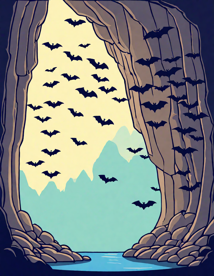bats hanging in cave coloring page showcasing bats roosting in a detailed cave interior in color