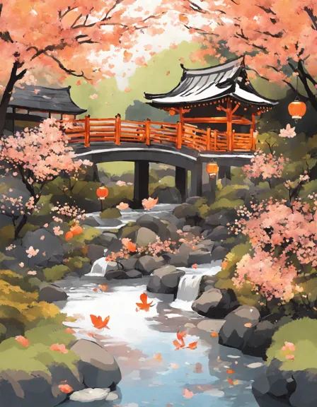 Coloring book image of japanese garden springtime beauty, with cherry blossoms and orange lanterns in color
