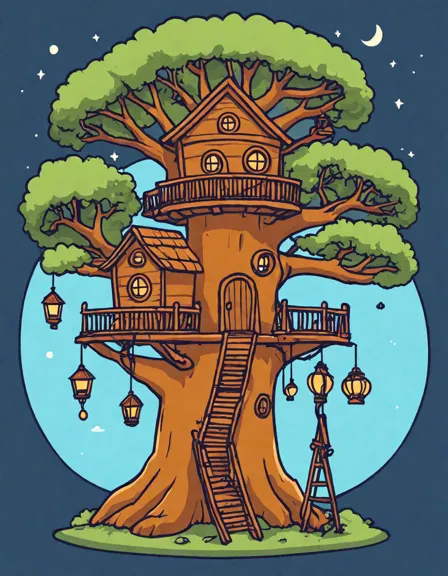 Coloring book image of enchanting treehouse in an ancient forest with a telescope for stargazing, surrounded by lanterns in color