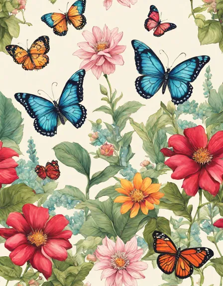 intricate coloring page of a secret garden with flowers and butterflies in color