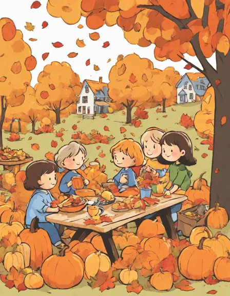 coloring page of an outdoor autumn festival with families, games, and thanksgiving-themed decorations in color