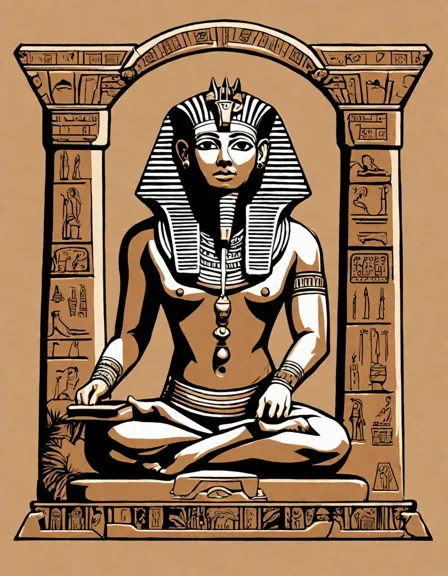 coloring page of ancient egyptian craftsmen in pharaoh's workshop with hieroglyphic walls in color