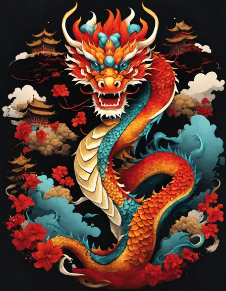 a coloring page of the ancient chinese dragon parade with intricate details and vibrant colors, dancers, musicians, and awe-inspired villagers in color
