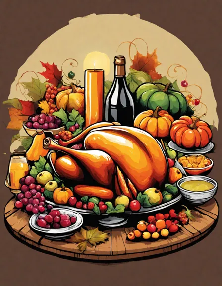 Coloring book image of illustration of a thanksgiving feast with diverse characters raising glasses in celebration in color