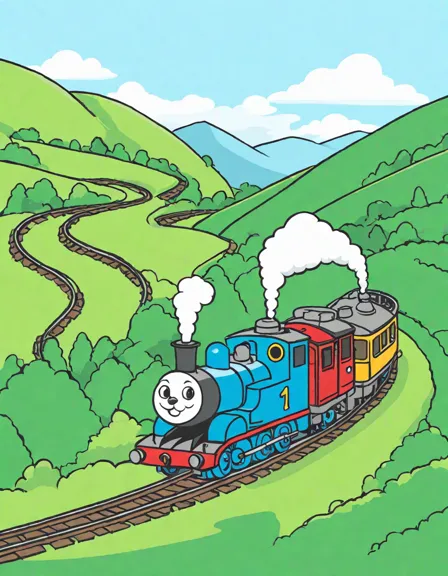 Coloring book image of thomas and gordon race on the island of sodor from the beloved children's show, thomas the tank engine in color