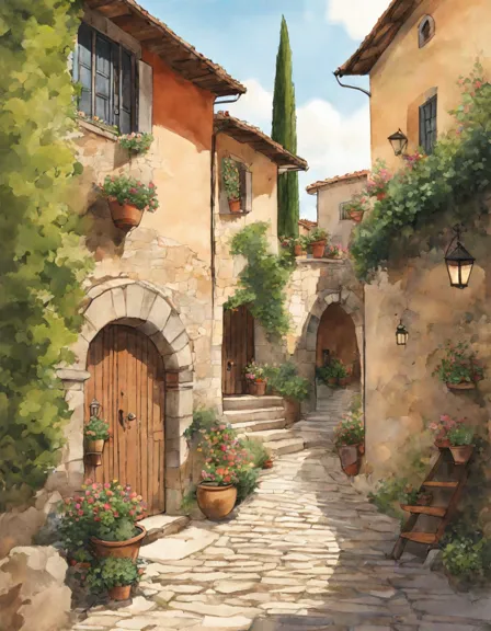 tuscan villa coloring page with stone walls, terracotta roofs, colorful flowers, and rolling hills to bring italian charm to life in color