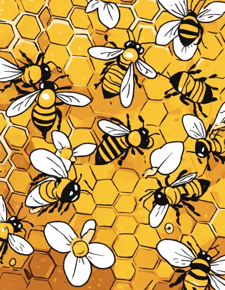 intricate coloring page of a bustling honeycomb teeming with bees, capturing the sweet harmony of nature's teamwork in color
