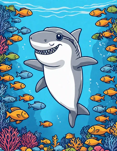 coloring page of divers with a great white shark surrounded by a coral reef and marine life in color