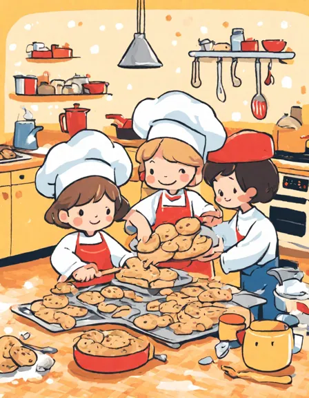 family of four baking together in kitchen with dough and cookie cutters on coloring page in color