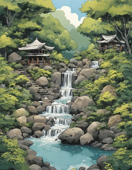 enchanting japanese garden coloring page with serene waterfalls amidst lush greenery in color