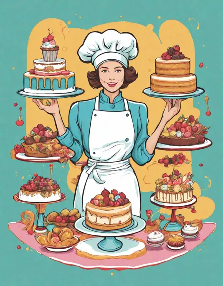 coloring book image of a pastry chef with cakes and pastries in a kitchen scene in color