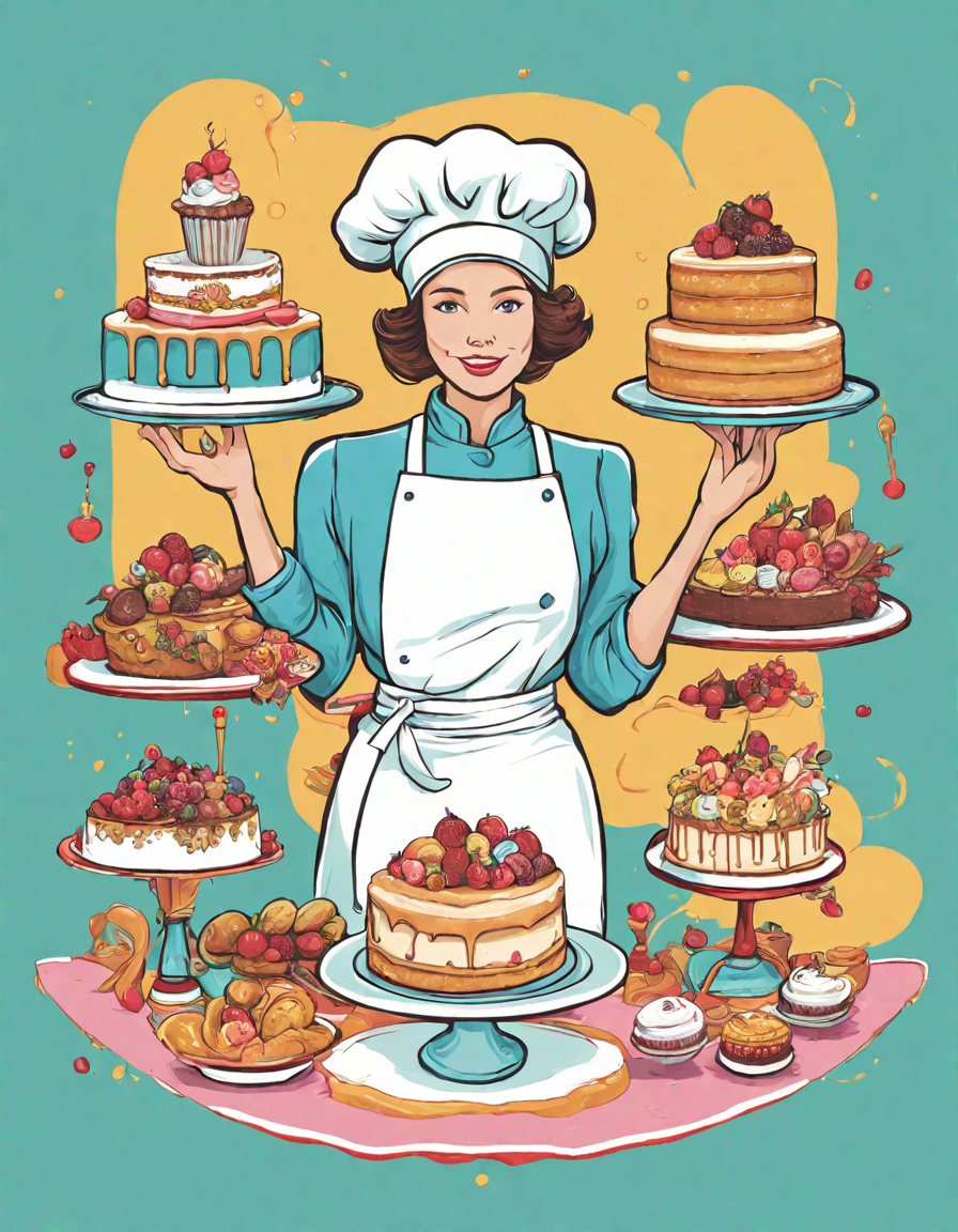 coloring book image of a pastry chef with cakes and pastries in a kitchen scene in color