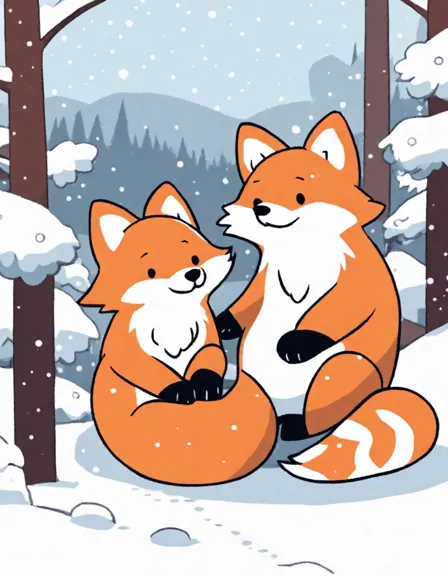 coloring book scene of two red foxes playing in a snowy landscape with falling snowflakes in color