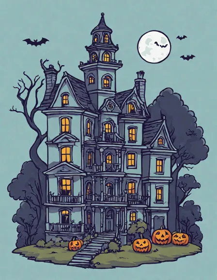 coloring page of haunted mansion on a moonlit night with spectral figures in color