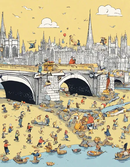 coloring page of london bridge falling with children and whimsical characters in a historical london backdrop in color