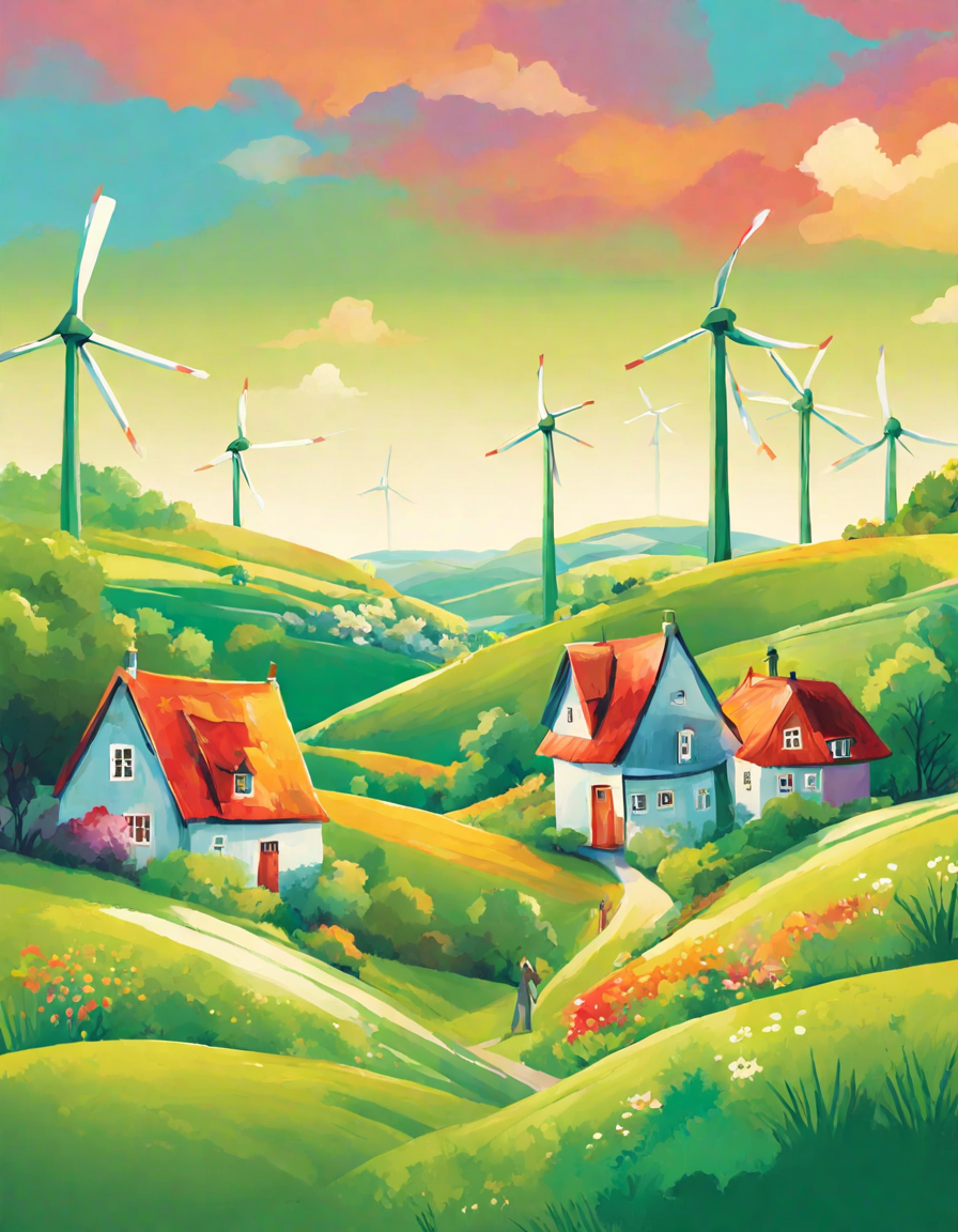 Coloring book image of tranquil countryside landscape with windmills, rolling hills, cottages, and a serene sky in pastel shades, inviting you to color and relax in color