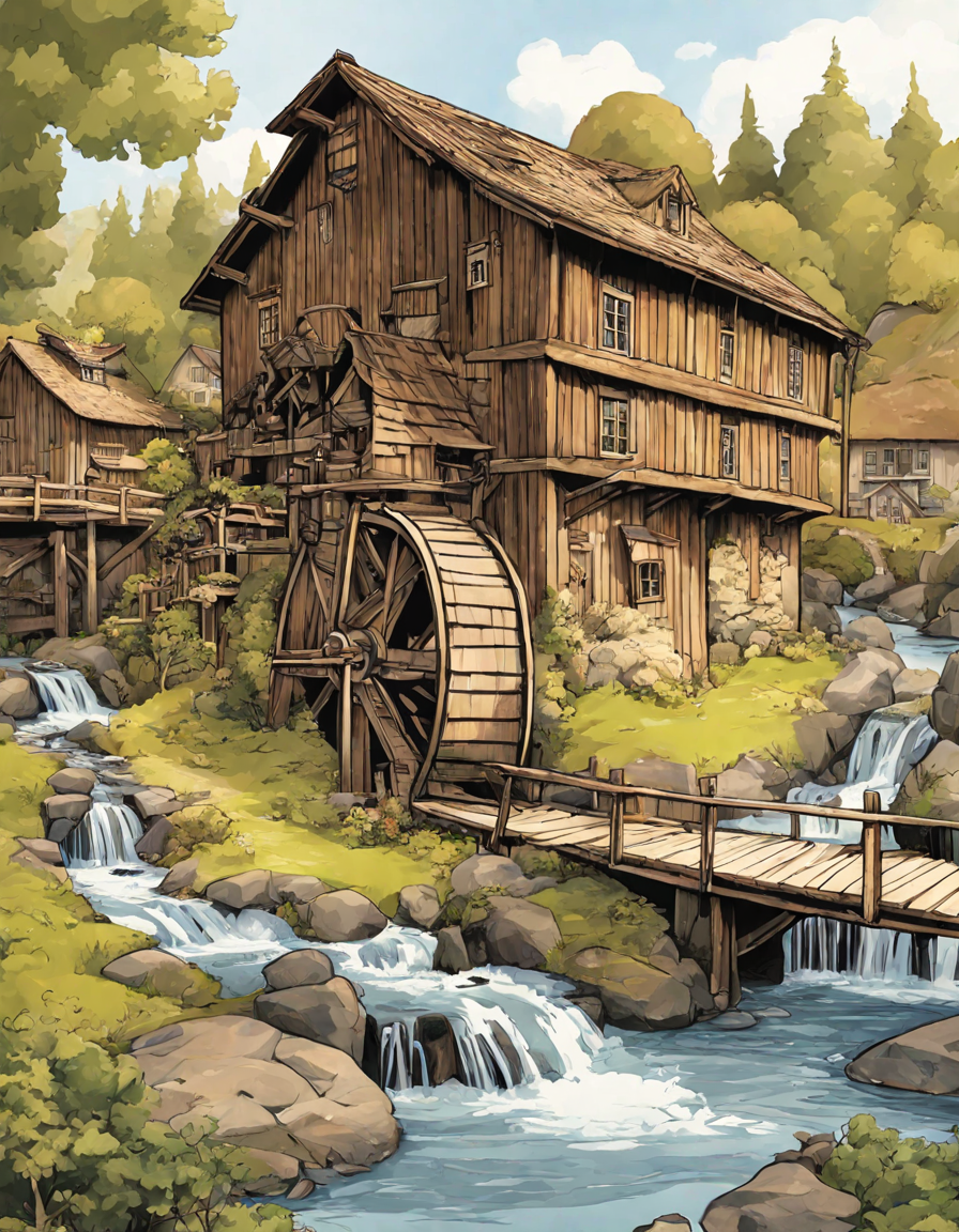 Coloring book image of charming old mill with intricate windows and water wheel by a gentle river in a picturesque countryside in color