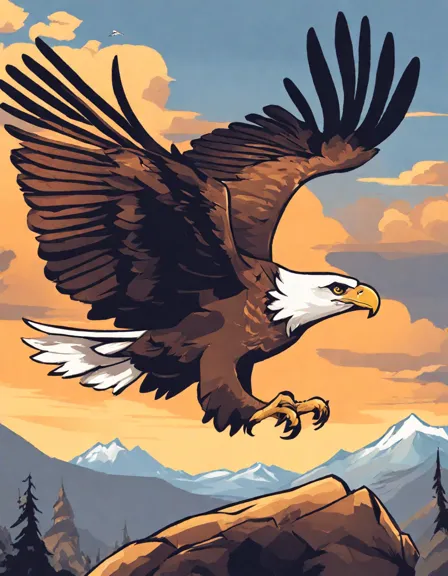 coloring book page featuring detailed eagles in mid-flight over a scenic landscape in color