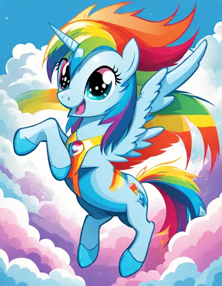 Coloring book image of rainbow dash, the speedy blue pony from sonic dash, flies mid-air with rainbow mane and tail streaming behind her in color