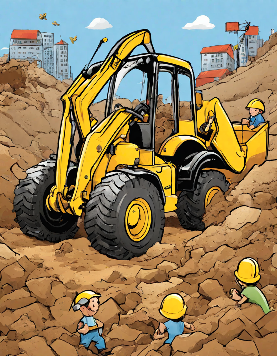 coloring book image of backhoe loader at work in a construction site with workers in color