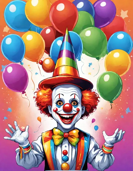 coloring page of a birthday clown's magic show with children and balloons in color
