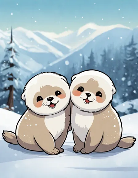 Coloring book image of two adorable seal pups tumbling in pristine snowy playground in color