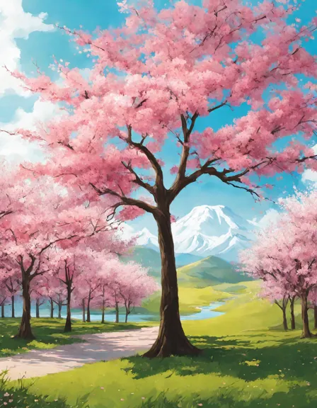 cherry blossom coloring page with pink and white flowers against a clear blue sky, perfect for relaxation and creativity in color