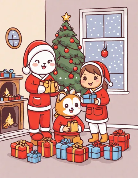 Coloring book image of children in pajamas unwrapping christmas gifts by a glittering tree in color