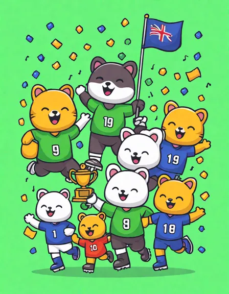 Coloring book image of soccer team celebrating with trophy on green pitch in packed stadium with fans and confetti in color
