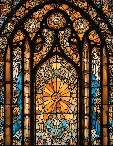 intricate stained glass windows coloring page with geometric designs in a grand cathedral, perfect for coloring enthusiasts and lovers of architectural artistry in color