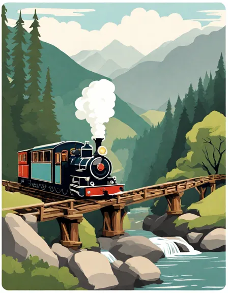 coloring page of a vintage steam train crossing a rustic bridge over a river in color