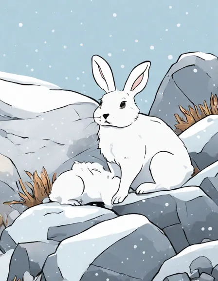 Coloring book image of arctic hare expertly camouflaged among rocky outcroppings in icy habitat in color