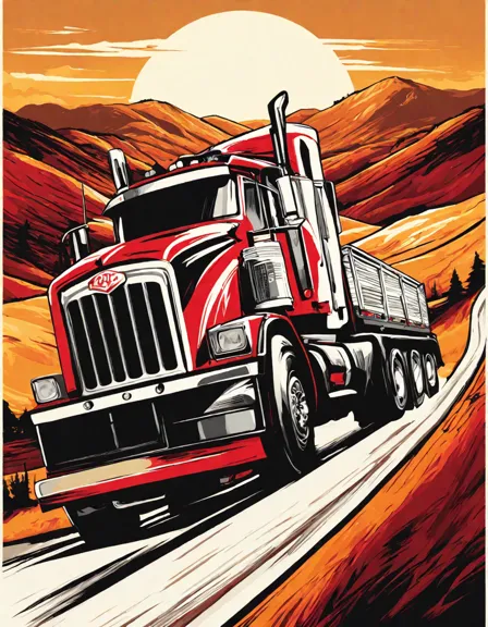 coloring book image of big rig trucks racing with vibrant graphics and scenery in color