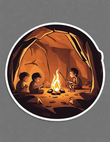 Coloring book image of prehistoric cave scene with cavemen hunting, creating tools, and caring for young, against a backdrop of vivid cave art and a warm campfire in color