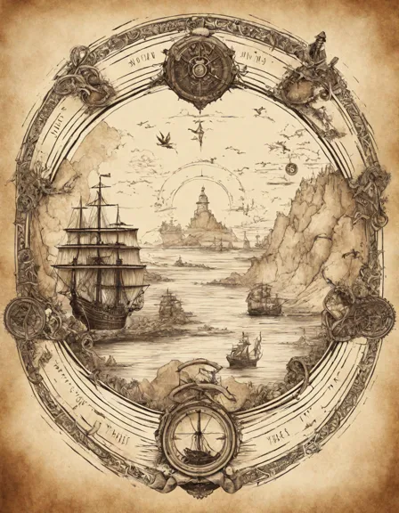 intricate coloring page featuring a weathered map leading to the lost treasure of captain blackbeard in color