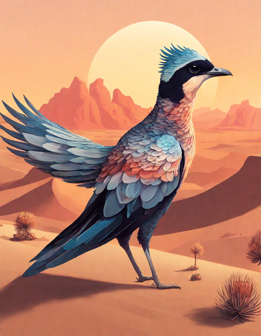 enchanting coloring page of desert birds dancing amidst ethereal desert sunset hues, showcasing intricate wing patterns in color